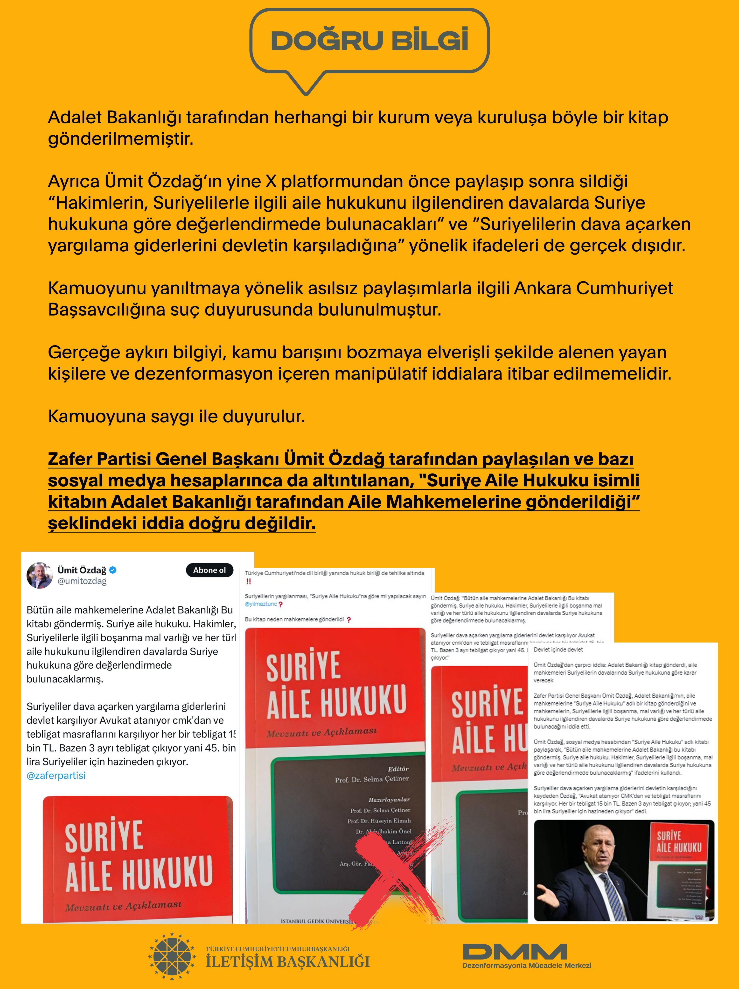 DMM'den Ümit Özdağ'ın 'Suriye Aile Hukuku' adlı kitap iddiasına yalanlama