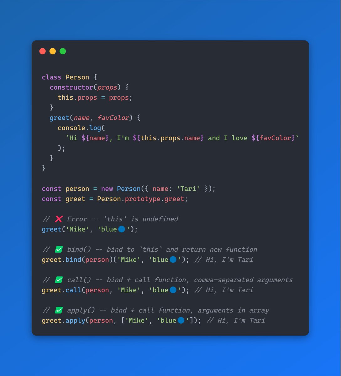 tari_ibaba's tweet image. 💡bind() vs call() vs apply() in JavaScript

3 crucial methods every function has, but with subtle differences 👇

I remember bind() from those early days of React, when we still had to write full-blown classes for components.
