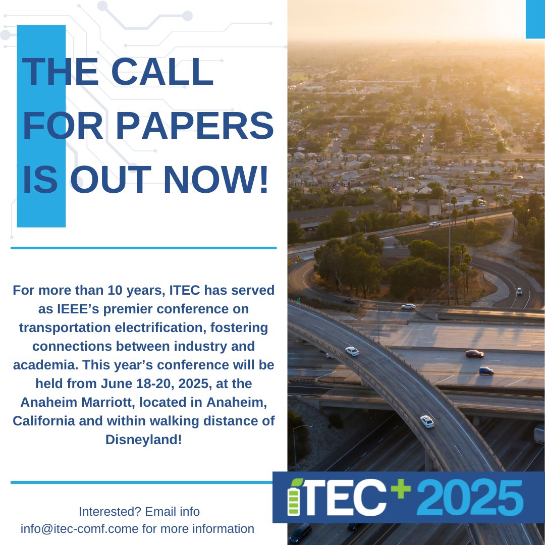 Ready to showcase your research at ITEC+EATS 2025? The Call for Papers is now live! Explore the technical track topics submission guidelines. Let’s shape the future of electrified transportation together. More info on our website. zurl.co/XGON