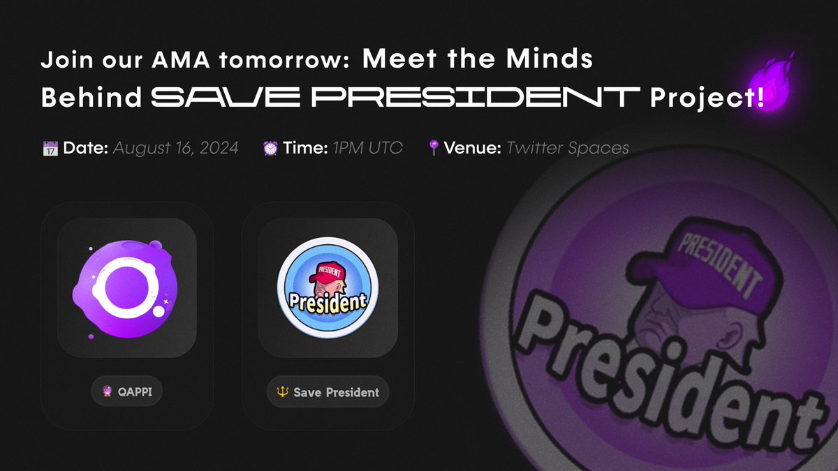 Qappi (formerly AlphaGuilty) (@qappi_official) on Twitter photo 🚀 Behind the Scenes: Meet the Minds Behind Save President Project!
Hey Qappi Miners! Join us tomorrow, Friday, 16 August 2024, at 1 PM UTC for an exclusive AMA session with the creators of <a href="/Save_President/">Save President</a>! Learn all about the first-ever TON-based Presidential game where you tap 🚀 Behind the Scenes: Meet the Minds Behind Save President Project!
Hey Qappi Miners! Join us tomorrow, Friday, 16 August 2024, at 1 PM UTC for an exclusive AMA session with the creators of <a href="/Save_President/">Save President</a>! Learn all about the first-ever TON-based Presidential game where you tap