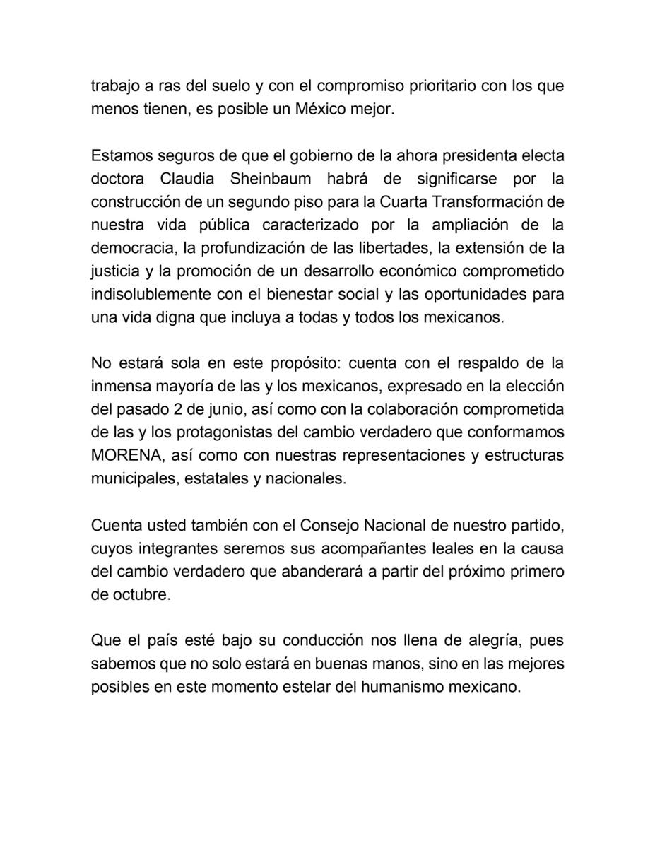 ConsejoNMorena's tweet photo. Felicitación del Consejo Nacional de Morena a la Dra. Claudia Sheinbaum Pardo con motivo de la declaratoria de Presidenta Electa por parte del TEPJF. https://t.co/wDwdBK1u6a