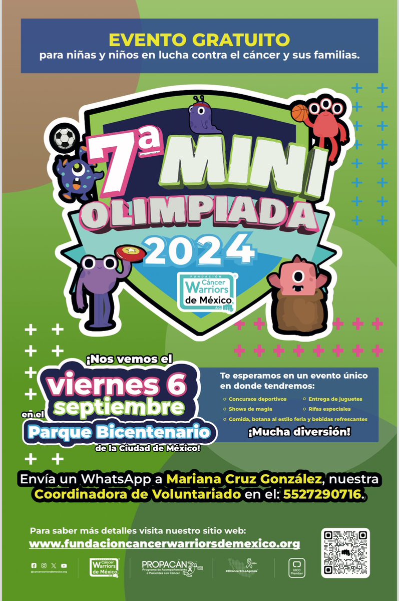 SanMateoAGob's tweet photo. 📢 #PasaLaVoz | La Fundación @cancerwarriors_ de #México te invita a la 7° #MiniOlimpiada 2024, evento gratuito dirigido a niñas y niños en lucha contra el #Cáncer y sus familias.
🗓️ viernes 6 de septiembre
📍 Parque Bicentenario de la #CDMX
Cupo limitado.
(1/2) https://t.co/W4Mu0JzmjQ
