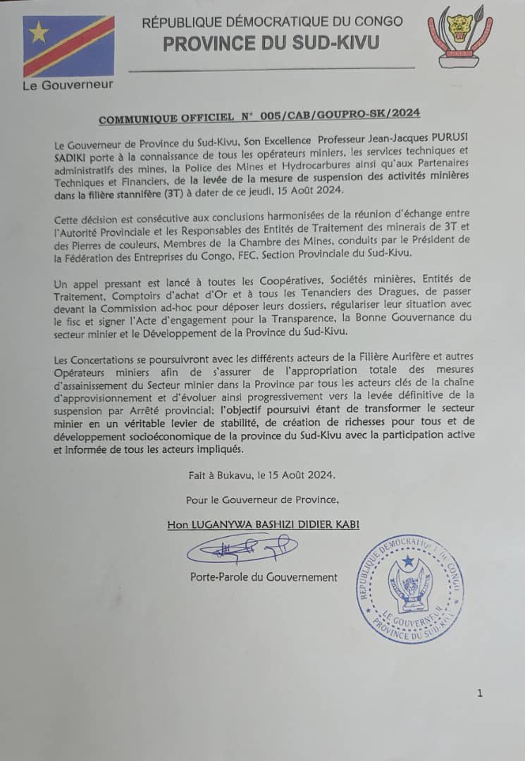kamba82's tweet photo. RDC /SUD-Kivu : L’honorable #Lutala #Mutiki #Trésor exprime son profond regret sur la levée de la mesure de suspension ce jeudi 15 août 2024 des activités minières dans la filière stannifère (3T) par le gouverneur de la province mr Jean-Jacques Purusi Sadiki . https://t.co/7DyAeT0rah