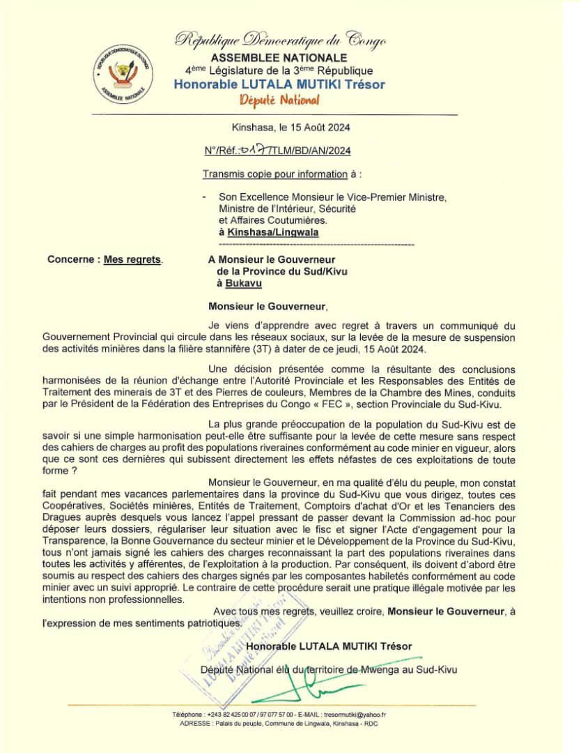 kamba82's tweet photo. RDC /SUD-Kivu : L’honorable #Lutala #Mutiki #Trésor exprime son profond regret sur la levée de la mesure de suspension ce jeudi 15 août 2024 des activités minières dans la filière stannifère (3T) par le gouverneur de la province mr Jean-Jacques Purusi Sadiki . https://t.co/7DyAeT0rah