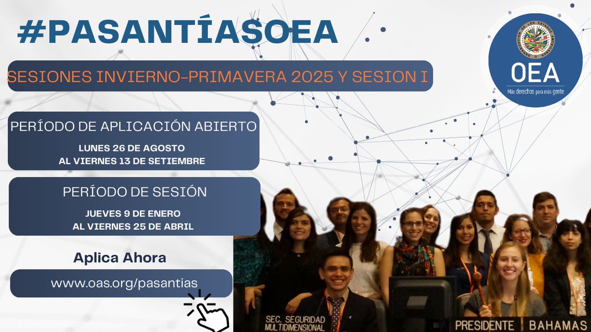 ¿Eres estudiante, te acabas de graduar, o eres joven profesional? 
¿Te interesa formar parte del Programa de Pasantías de la OEA? 
Postula a pasantías virtuales o híbridas en Washington DC y Oficinas en Estados Miembros👉 bit.ly/PasantiasOEA
🗓️Cierre: 13 de septiembre de 2024