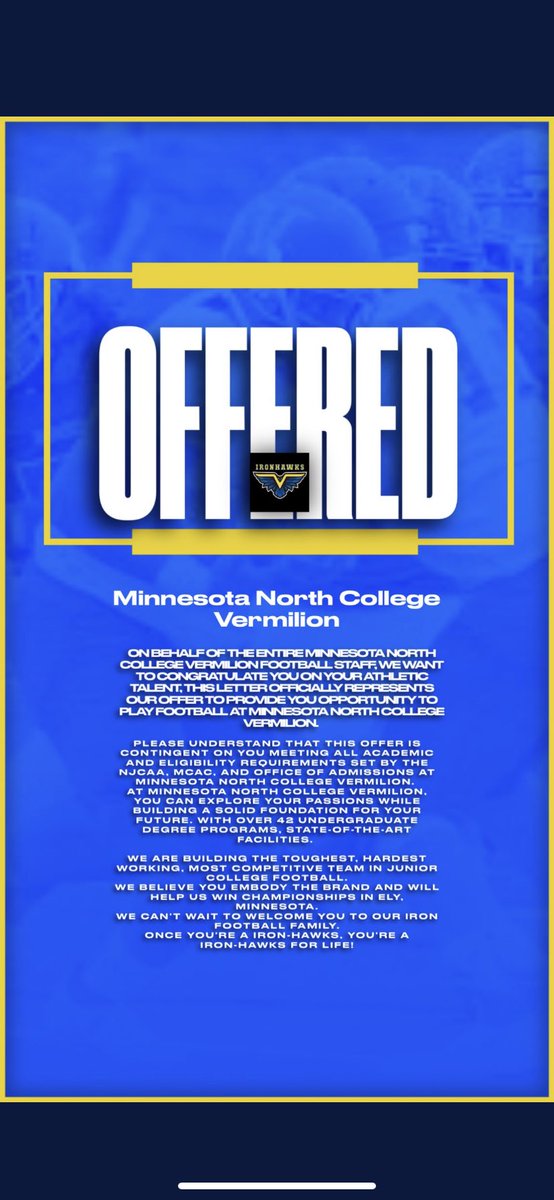 After talking to <a href="/coachbusby22/">Coach Busby</a> i’ve been blessed to receive my 1st offer from Minnesota North College Vermilion . #AGTG <a href="/coachsadler/">Josh Sadler</a> <a href="/Coach_MHill/">Coach Hill</a> <a href="/Levi_Fuson/">Coach Levi Fuson</a> <a href="/CoachHawkKHS/">Robert Hawkins</a> <a href="/KHSRoosFootball/">Killeen Kangaroos FB</a> <a href="/streetziam/">GREG MARCUS</a> <a href="/johnson_three/">Tyree Johnson</a> @MNVermilionAthl