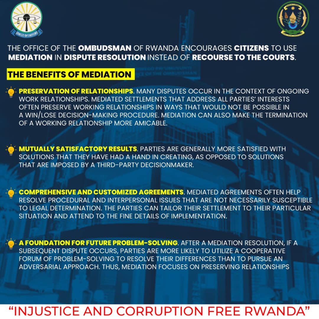 Mediation in conflict resolution is the best way to go!! Ubutabera bwihuse, bunoze kandi bwunga!! #AmForMediation <a href="/Rwanda_Justice/">Ministry of Justice</a> <a href="/RwandaJudiciary/">Judiciary of Rwanda</a> <a href="/RwandaOmbudsman/">Office of Ombudsman of Rwanda/Urwego rw'Umuvunyi</a>