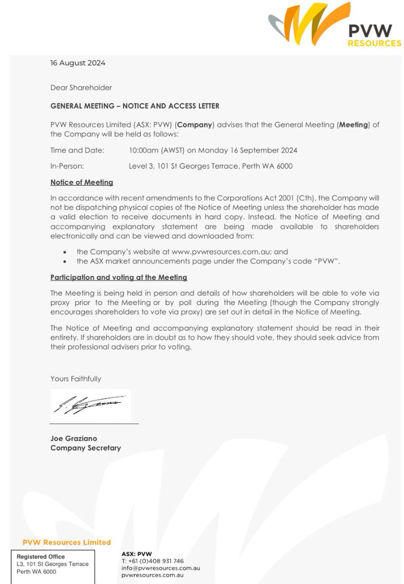 Notice of Meeting of PVW Shareholders Monday 10am 16th September