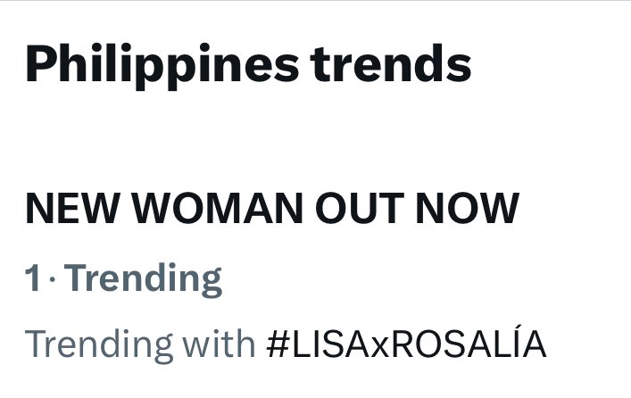 Now trending #1 in the Philippines! 🇵🇭 Good job, Filos! Gising na gising 🥳

NEW WOMAN OUT NOW 
#LISAxROSALÍA
#LISAxNEWWOMAN