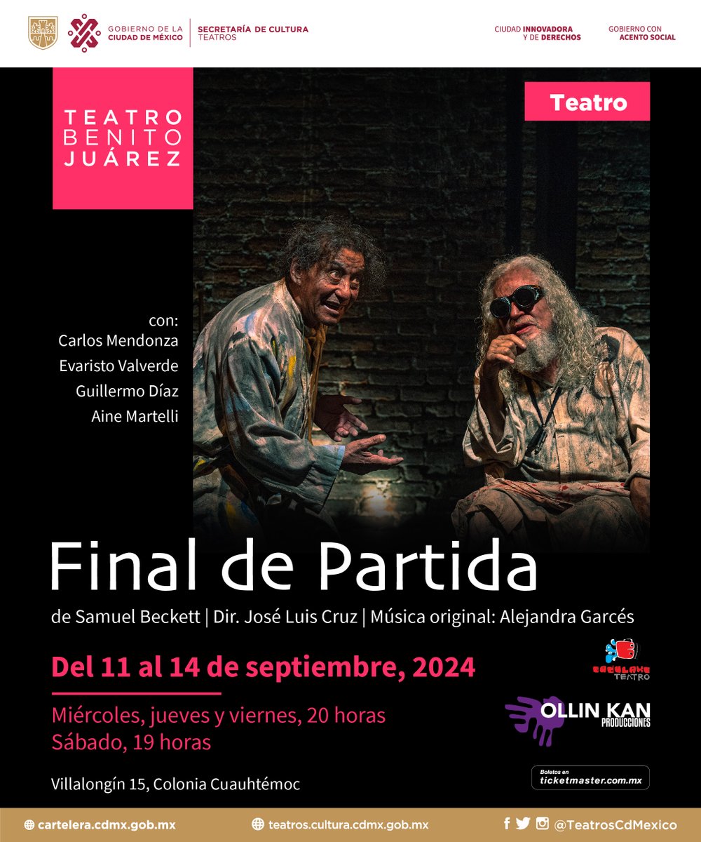 TeatrosCDMX's tweet photo. #FinalDePartida, de Samuel Beckett, nos permite vislumbrar la decadencia y la pérdida de humanidad en una familia de cuatro integrantes Hamm, Clov, Nagg y Nell encerrados en un búnker.

No te la pierdas del 11 al 14 de septiembre en el #TeatroBenitoJuárez. https://t.co/Iscc7SvkXv https://t.co/f4TIPaWHBt