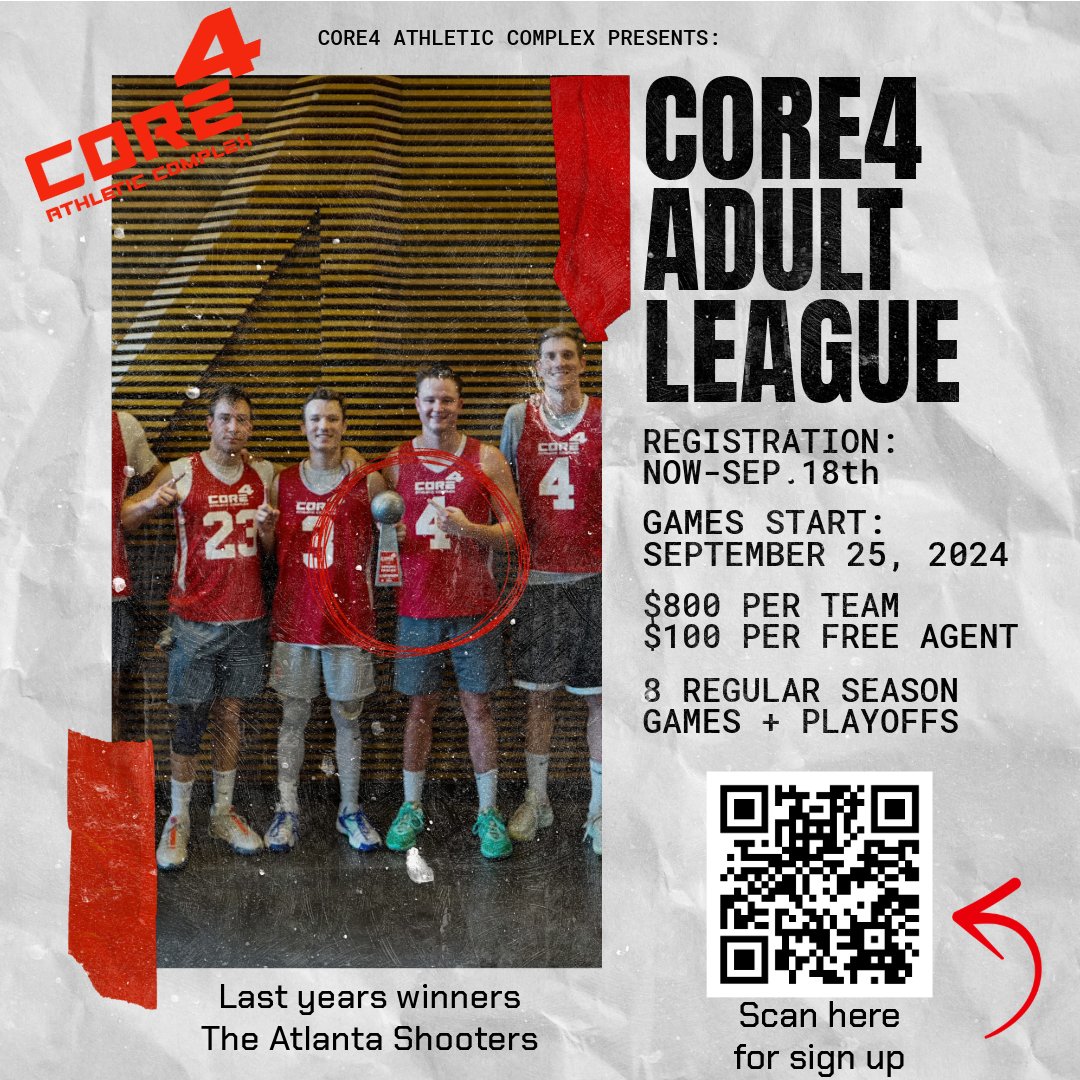 🏀 The Core4 Adult League is back in action! 🔥 Gather your team for a season of competitive fun for just $800 or $100 for a free agent. Ready to join? Scan the link in the post or head to the link in our bio to sign up now! 🔗👇 portal.sportskey.com/.../core4-athl…