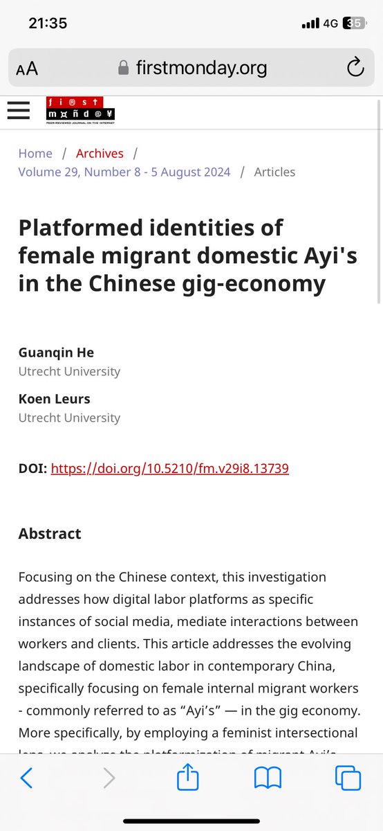 Super proud of <a href="/guanqinhe/">guanqinhe</a> for publishing her first PhD fieldwork based article on female migrant workers in the Chinese gig-economy - in this collaborative article we seek to develop research on the migrantization of digital labor by addressing experiences of domestic Ayi's