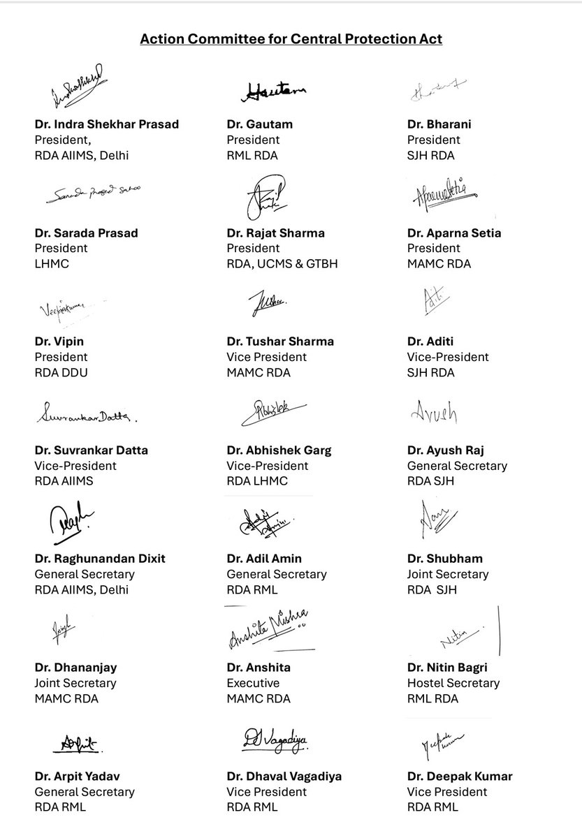 RDA VMMC & Safdarjung Hospital (@rda_sjh) on Twitter photo Various RDAs of Delhi discussed a common unified action plan & formed an Action committee for Central Protection Act.
Let's all gather for a joint protest March at Nirman Bhavan at 2 PM, 16/08/2024.
#kolkatahorror
#DoctorsProtest
<a href="/AIIMSRDA/">RDAAIIMS DELHI</a> <a href="/RdaRml/">RDA RML Hospital</a> <a href="/rdalhmc/">RDA LHMC Official</a> <a href="/RdaUcms/">RDA_UCMS & GTBH</a> <a href="/MamcRda/">Resident Doctors Association MAMC</a> Various RDAs of Delhi discussed a common unified action plan & formed an Action committee for Central Protection Act.
Let's all gather for a joint protest March at Nirman Bhavan at 2 PM, 16/08/2024.
#kolkatahorror
#DoctorsProtest
<a href="/AIIMSRDA/">RDAAIIMS DELHI</a> <a href="/RdaRml/">RDA RML Hospital</a> <a href="/rdalhmc/">RDA LHMC Official</a> <a href="/RdaUcms/">RDA_UCMS & GTBH</a> <a href="/MamcRda/">Resident Doctors Association MAMC</a>