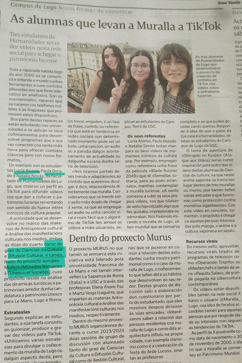 DeApelidoFlores's tweet photo. " As alunas (do @CampusTerraUSC de #Lugo) q levan a #MurallaDeLugo ao #TikTok " 👏🏼👏🏼👏🏼
Claro q hai q ter profes 😉 : Marta Veiga e Mar Fra
Proxecto #MURUS canda @LeMansUniv , @SapienzaRoma e @UniversidadeUSC
🗞 @vozlugo https://t.co/gEpWcJIhvP