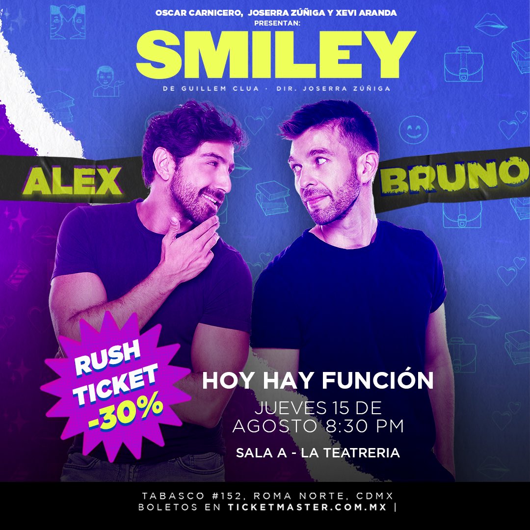 HOY es jueves de #SMILEY🔥 

Ven y descubre como el hilo rojo del destino une a dos mundos completamente opuestos en esta divertida comedia romántica 🫶 

¡Compra tus boletos con 30% de descuento! 

🗓️Jueves, 8:30 pm 
🎟️Boletos en taquilla o 
shops.ticketmasterpartners.com/smileyprom30
