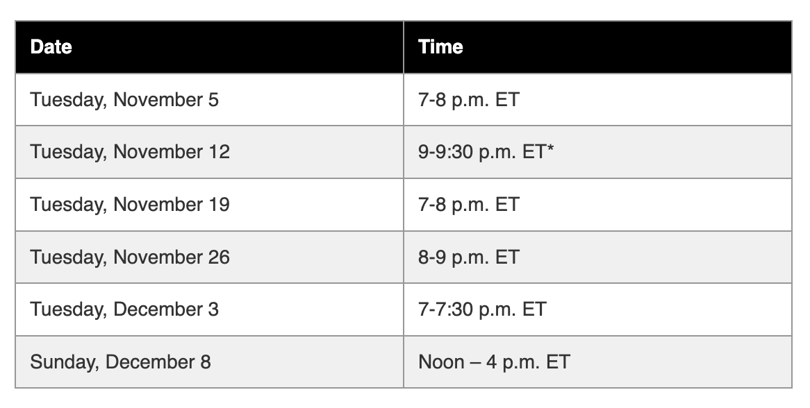 BudElliott3's tweet photo. CFP Release Show Dates 

As we know, they're all fake until the final one. No consistency in reasoning, logic, etc. required from week-to-week. Not worth watching IMO. https://t.co/iFnuOWWgUo