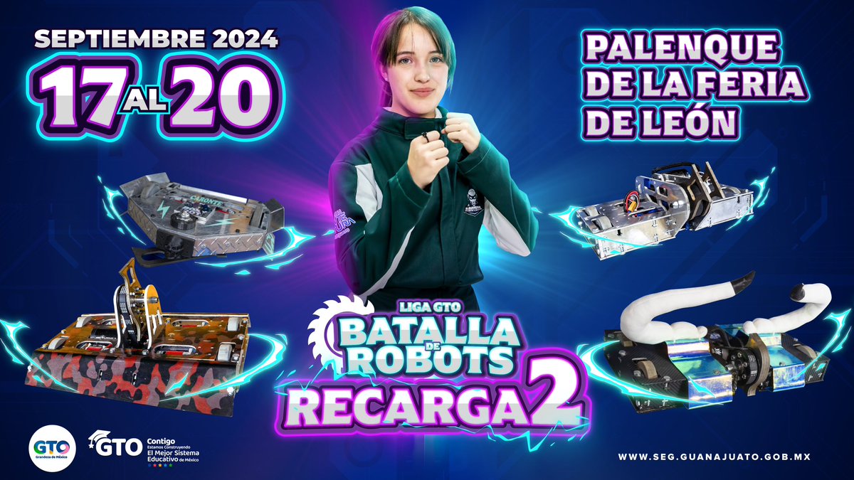 🔧🤖 ¡La Batalla de Robots Liga GTO Recarga2 llega del 17 al 20 de septiembre!

Más de 70 equipos y más de 350 participantes estarán listos para 4 días de combates emocionantes. 

¡No te pierdas la acción en vivo a través de las redes oficiales del Gobierno del Estado y TV4! 📺🚀