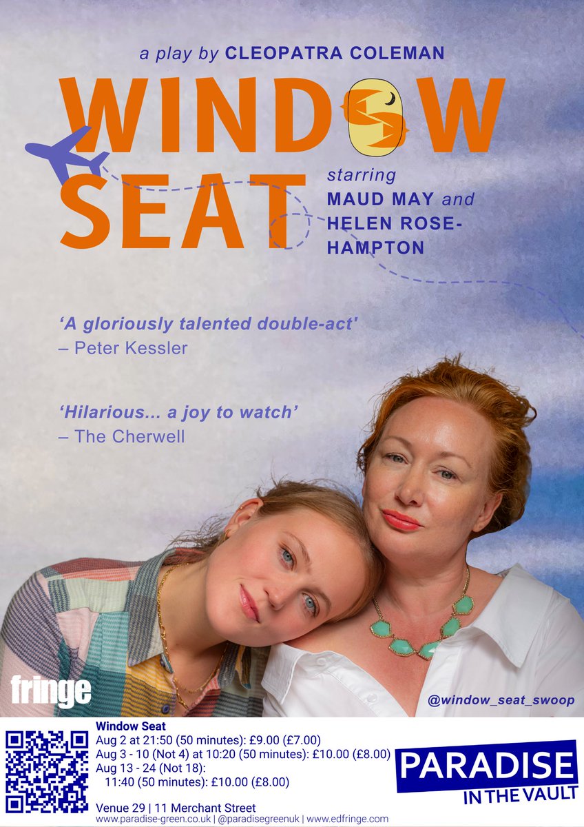 windowseatplay's tweet photo. @inessawday ‘Window Seat’: a witty, lighthearted and comedic play following a mother and daughter stuck on a plane, waiting for take-off.  

Here until 24th Aug at Paradise in the Vault @ 11:40am.   Hope to see you there! https://t.co/dBD9XWaLA2 https://t.co/tmFeZwgSn7