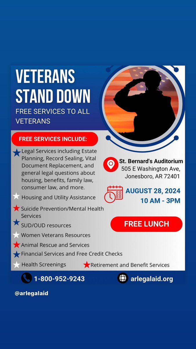 📣 Upcoming Veterans Stand Down Event in Jonesboro!

Join us on August 28th from 10 AM to 3 PM for an incredible day of support and services for our veterans! We’re offering FREE Legal Services!