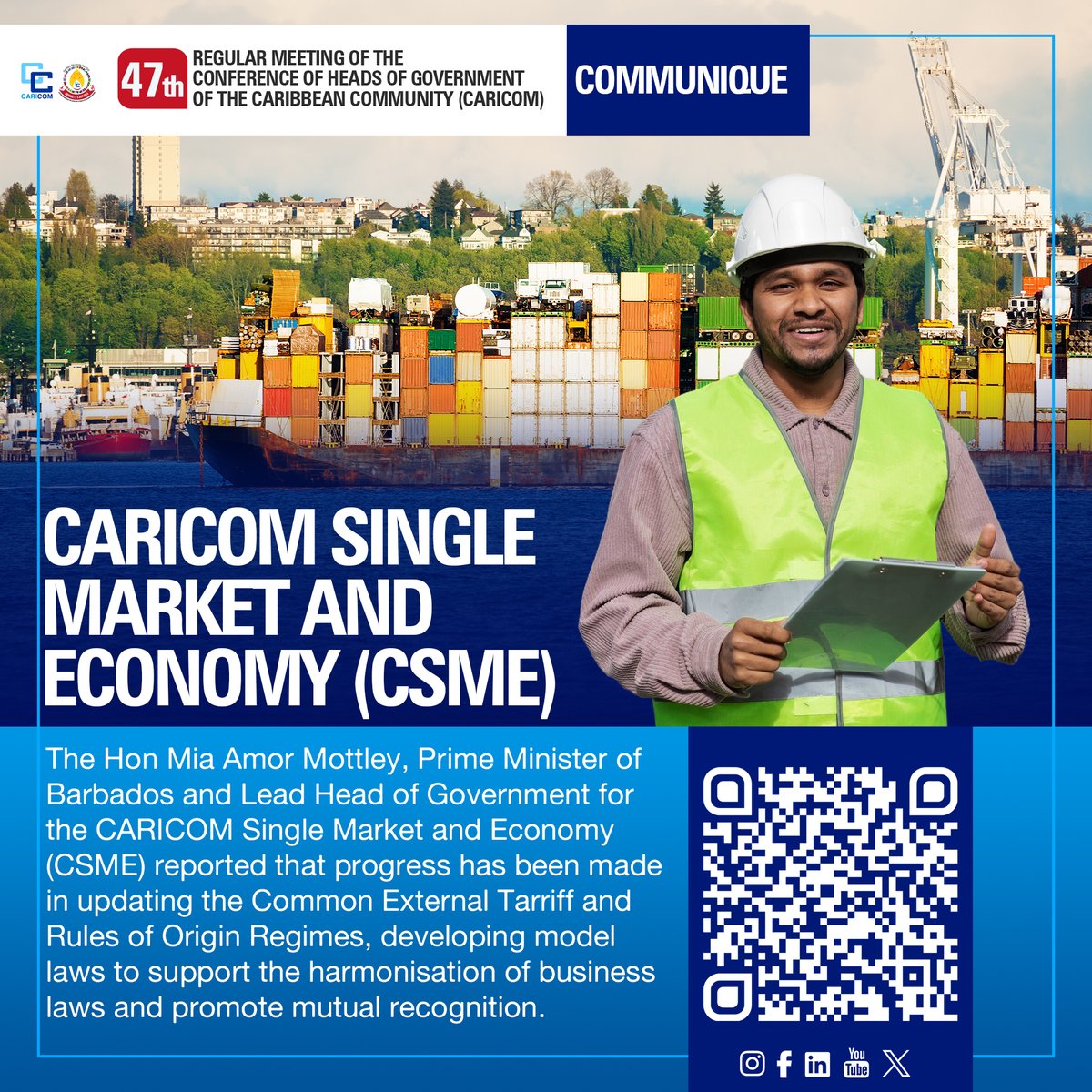 CARICOMorg's tweet photo. 📊Want to know the latest updates on the #CARICOM Single Market and Economy (CSME)?
📖 The Communique of the 47th Regular Meeting of the Conference of Heads of Government of CARICOM highlights this topic
📲Scan the QR code or visit https://t.co/ZEtMCFgC5l to read more
#47HGC https://t.co/yjbDOWEvZQ