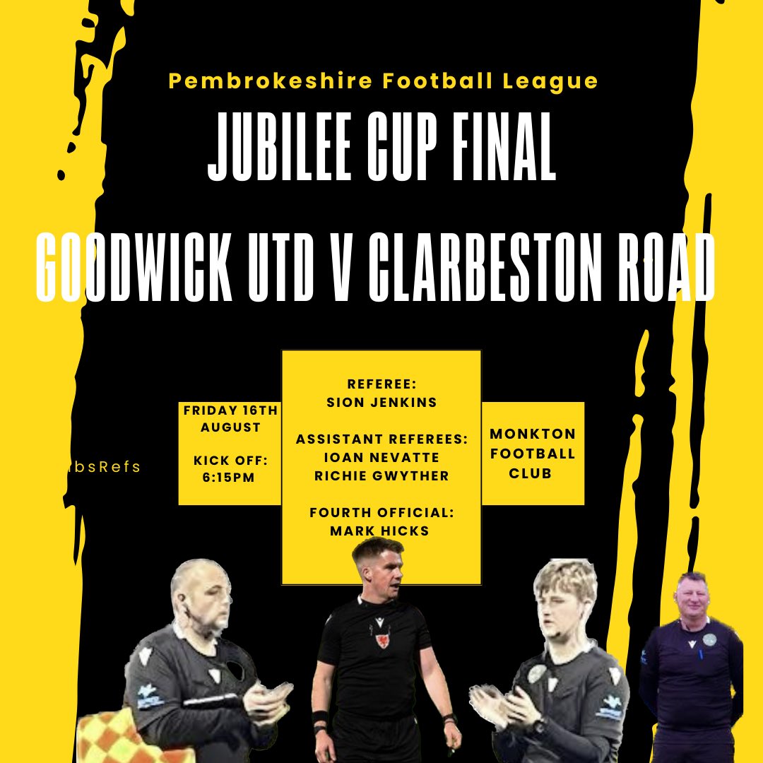 Pembrokeshire Referees Society (@pembsrefs) on Twitter photo J U B I L E E C U P π
Introducing our match officials for the fixture between <a href="/GoodwickUtd/">Goodwick United AFC</a> and <a href="/ClarbyRoadAFC/">Clarby Road Football</a>.
π <a href="/Mighty_Swifts/">Monkton Swifts FC</a> (Monkton)
β½οΈ 6:15pm KO J U B I L E E C U P π
Introducing our match officials for the fixture between <a href="/GoodwickUtd/">Goodwick United AFC</a> and <a href="/ClarbyRoadAFC/">Clarby Road Football</a>.
π <a href="/Mighty_Swifts/">Monkton Swifts FC</a> (Monkton)
β½οΈ 6:15pm KO
