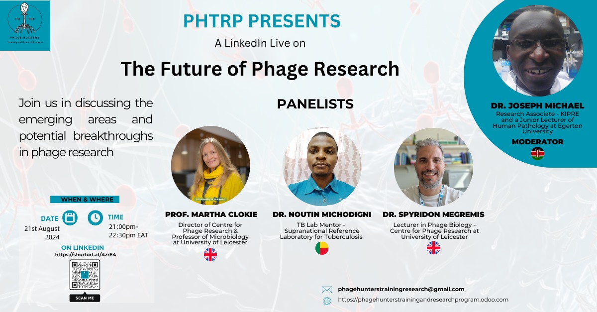 Phage Kenya (@phagekenya) on Twitter photo Register for the next series of Phage webinar organized by our very own Phage Hunters Training and Research Program.
Engage in this convo with <a href="/MarthaClokie/">Martha Clokie</a> <a href="/Akis_BeCool/">Spyridon Megremis, PhD (he/him)๐ฌ๐ท๐โ๏ธ๐ง</a> <a href="/Noutin_Micho/">Noutin F. Michodigni, Ph.D.</a>, & Dr. Joseph Michaels Register for the next series of Phage webinar organized by our very own Phage Hunters Training and Research Program.
Engage in this convo with <a href="/MarthaClokie/">Martha Clokie</a> <a href="/Akis_BeCool/">Spyridon Megremis, PhD (he/him)๐ฌ๐ท๐โ๏ธ๐ง</a> <a href="/Noutin_Micho/">Noutin F. Michodigni, Ph.D.</a>, & Dr. Joseph Michaels