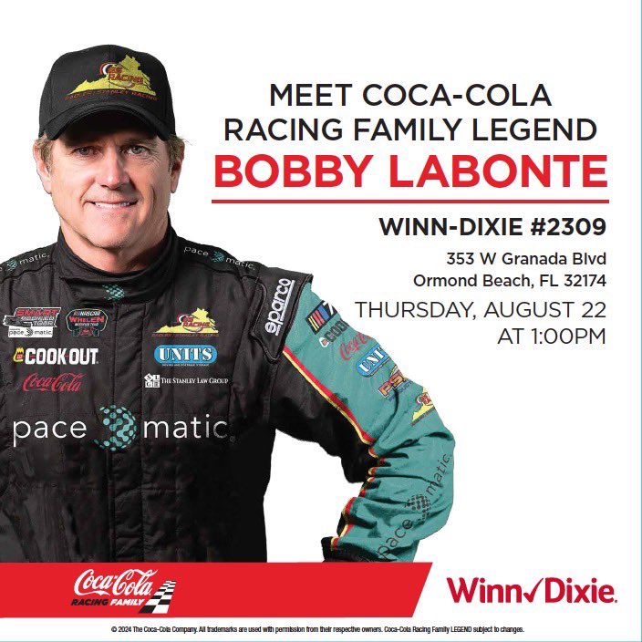 Bobby Labonte (@bobby_labonte) on Twitter photo I’m heading to Daytona next week! Come see me on Thursday August 22 at 1 PM at Winn-Dixie, 353 W Granada Blvd, Ormond Beach!
<a href="/CocaColaRacing/">Coca-Cola Racing</a>
#Daytona
#Nascar I’m heading to Daytona next week! Come see me on Thursday August 22 at 1 PM at Winn-Dixie, 353 W Granada Blvd, Ormond Beach!
<a href="/CocaColaRacing/">Coca-Cola Racing</a>
#Daytona
#Nascar