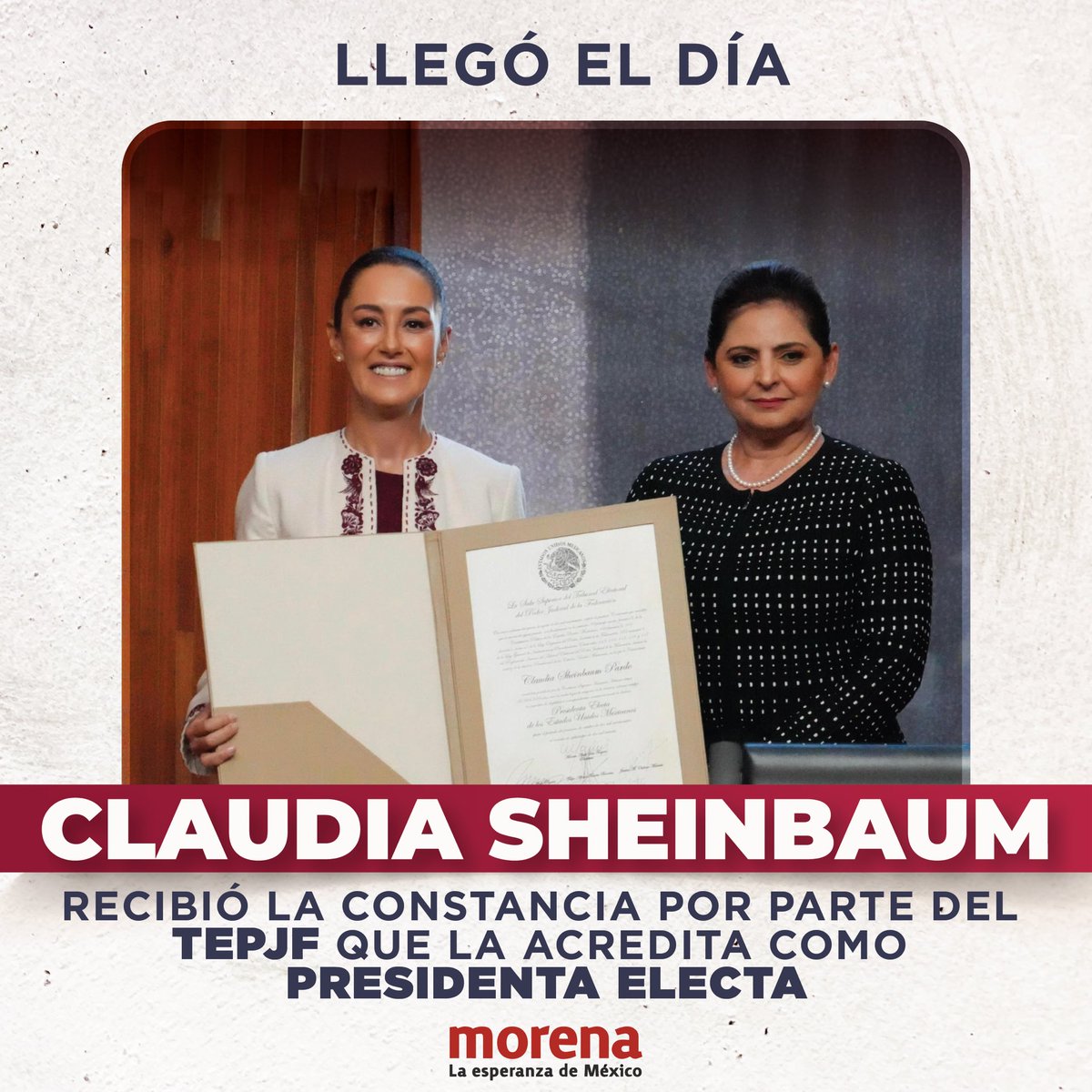 PartidoMorenaMx's tweet photo. En 200 años de nuestra República, @claudiashein es la primera Presidenta Electa de los Estados Unidos Mexicanos.

Ya es oficial: una vez más, el pueblo volvió a hacer historia. #ClaudiaPresidenta ❤️ https://t.co/J8p5Jgq9Am