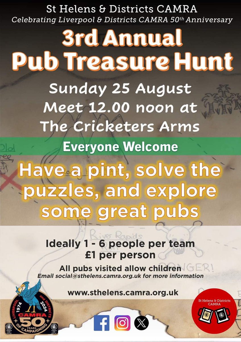 St Helens & Districts CAMRA (@sthelenscamra) on Twitter photo Who's coming to our 3rd Annual Pub Treasure Hunt? This year, we are helping <a href="/LiverpoolCAMRA/">Liverpool CAMRA</a> celebrate their 50th anniversary. Who's coming to our 3rd Annual Pub Treasure Hunt? This year, we are helping <a href="/LiverpoolCAMRA/">Liverpool CAMRA</a> celebrate their 50th anniversary.