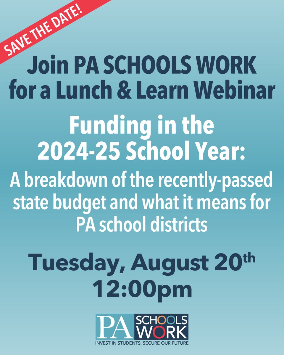 childrenfirstpa's tweet image. Wow, a lot happened in the state budget for public education this year! But what does that extra $1.1 billion really mean for districts and students? Join @PASchoolsWork for all the info.

Register here: ow.ly/FlgV50SYrRv.

#WeWorkForFunding #PASchoolsWork #PABudget
