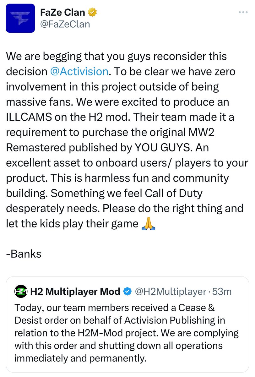 JakeSucky's tweet image. FaZe Clan have called for Activision to reverse their decision in shutting down the H2 Mod for Call of Duty