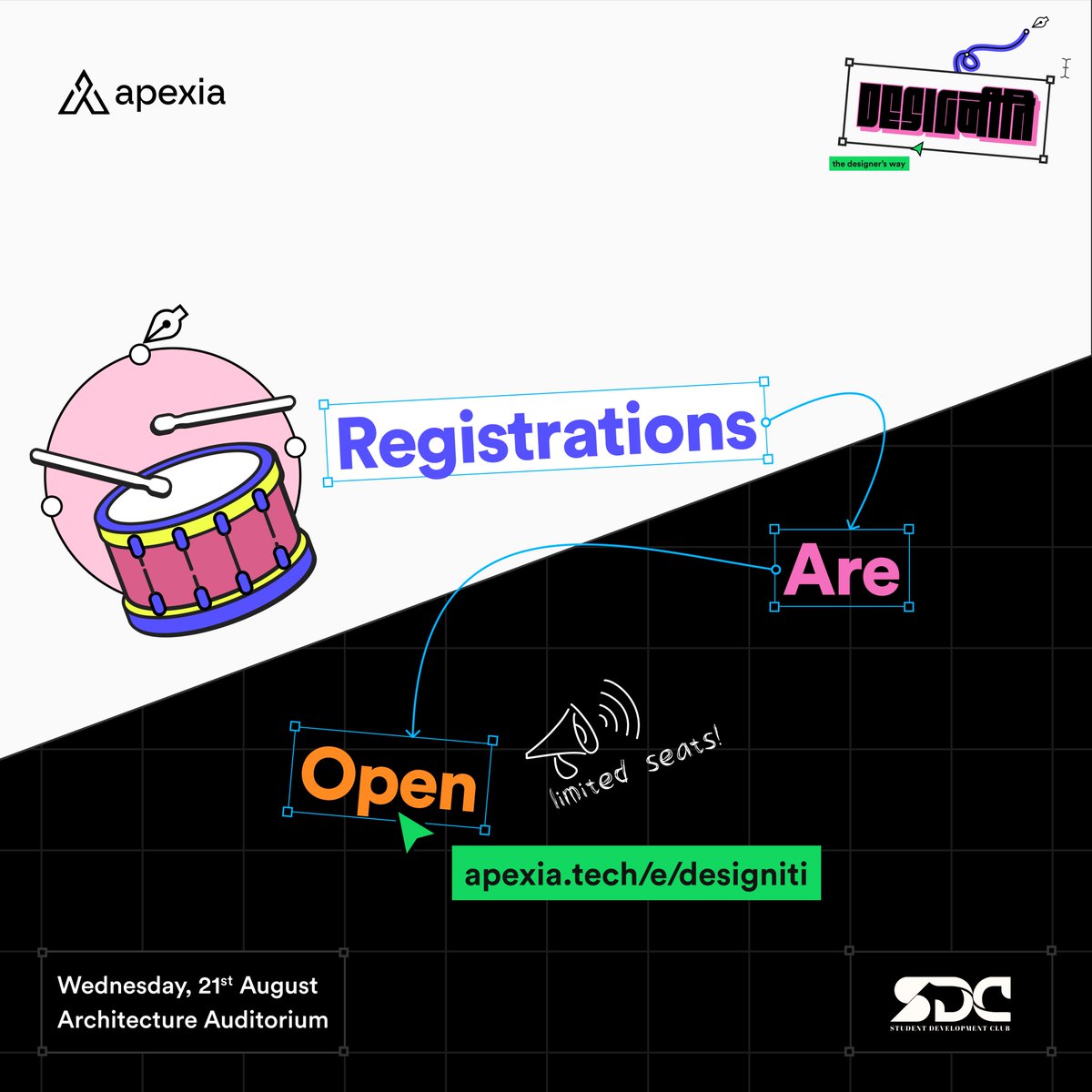 apexia_club's tweet photo. Registrations are OPEN for DESIGनीति!
Secure your spot ASAP कलाकार!🤝🏻
Link: https://t.co/BxzeeCM32A
#apexia #apexiafuture #design https://t.co/y2FqCPZVEw