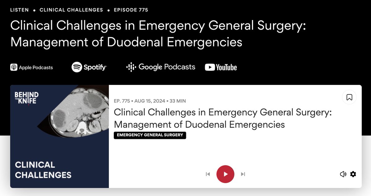BehindTheKnife's tweet photo. Today's Emergency General Surgery episode covers DUODENAL EMERGENCIES 😱🫢

Case-based, high-yield, practical, & entertaining!  Great work by @ashlie_nadler @Graham__SG Dr. Jordan Nantais

🎧https://t.co/WbGrIbaXpi🎧