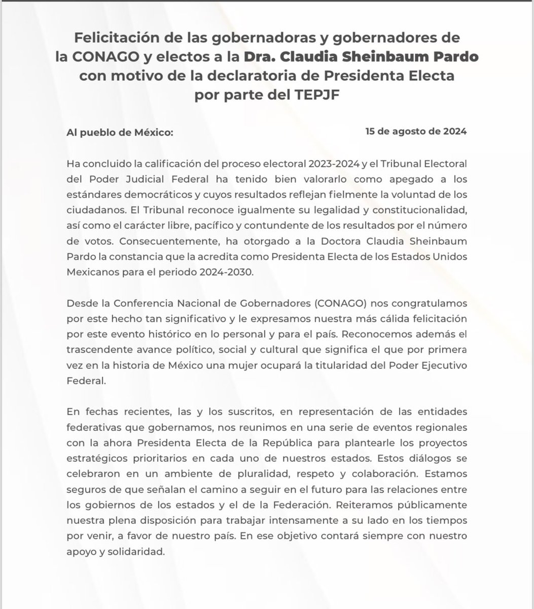 TabascoJavier's tweet image. Junto con las gobernadoras y gobernadores electos y constitucionales del país felicito a la doctora @Claudiashein, quien hoy recibió su constancia de mayoría que ratifica la voluntad del pueblo para ser la primera mujer Presidenta de México. Es un día histórico para el país.
