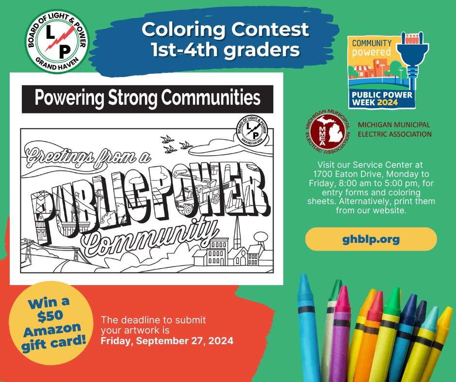 Grand Haven Board of Light &amp; Power is throwing a coloring contest for all budding artists in grades 1 through 4! Join the fun &amp; help us light up #PublicPower Week Oct. 6-12. Let's color our way to a brighter future together! ghblp.org