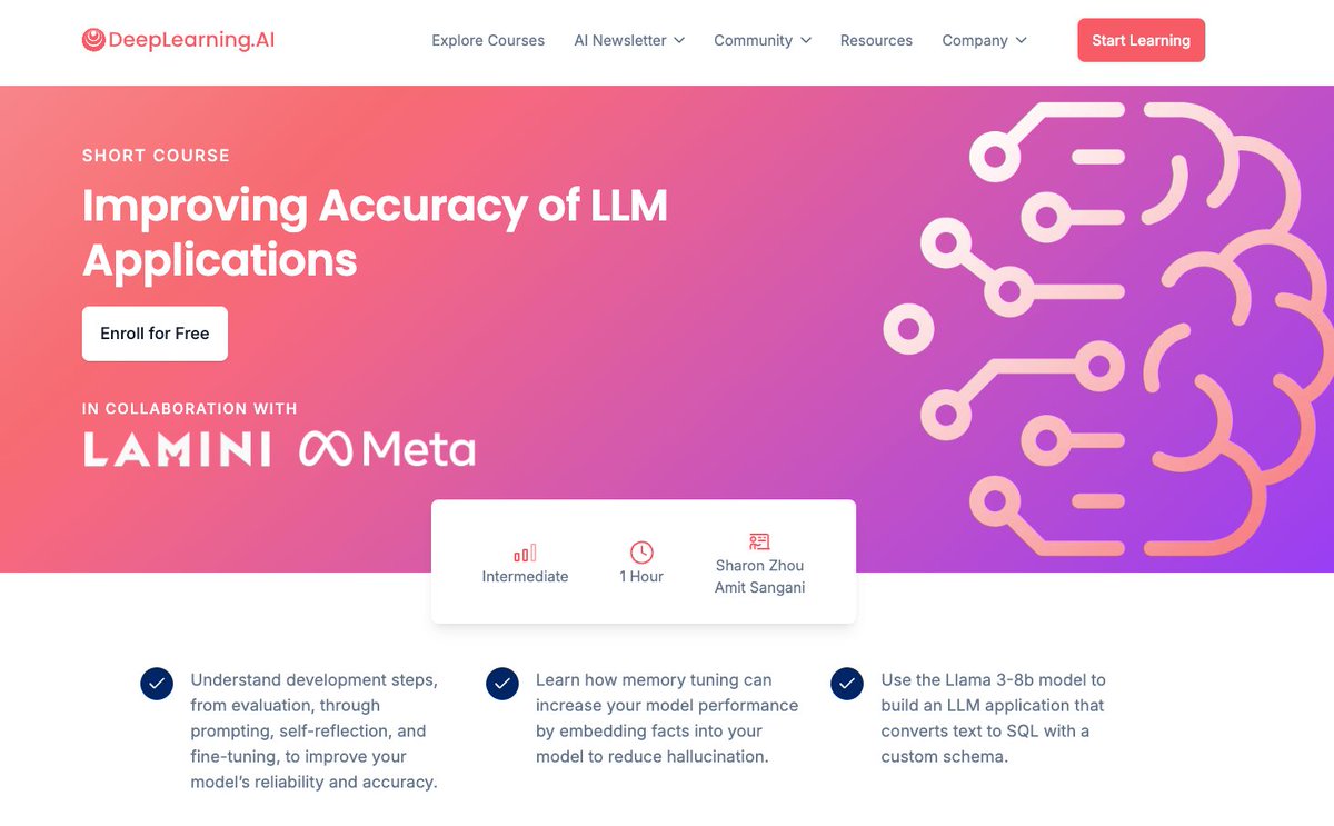 gryhkn's tweet photo. durmuyordu.

andrew ng, deeplearning ai'da yeni bir kurs daha duyurdu: llm uygulamalarının doğruluğunu artırma kursu.

geliştiriciler llm uygulamalarında tutarsız sonuçlarla karşılaşabiliyor. bu kurs, llm çözümlerinin doğruluğunu ve güvenilirliğini nasıl artırılır bunu işliyor.

kursta llama'nın açık kaynak modellerini kullanarak bir sql agent oluşturuluyor. performans değerlendirme metrikleri entegre ediliyor, prompt engineering ve self-reflection teknikleriyle model davranışı iyileştiriliyor.

son olarak, lora ve memory tuning gibi tekniklerle modeli fine-tune etme konusu da var.