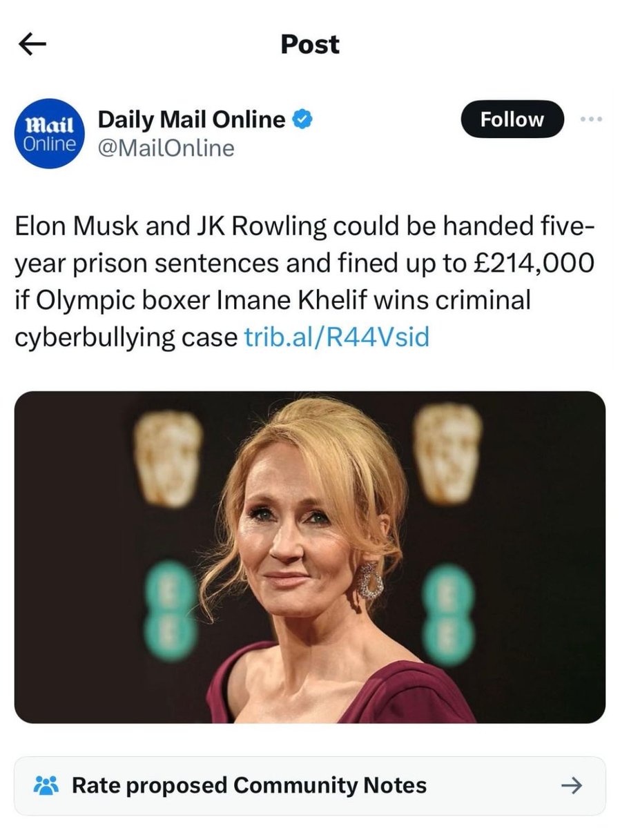 interesting_aIl's tweet photo. Elon Musk and JK Rowling could be handed five-year prison sentences and fined up to £214,000 if Olympic boxer Imane Khelif wins criminal cyberbullying case https://t.co/PFxj1eKxJH