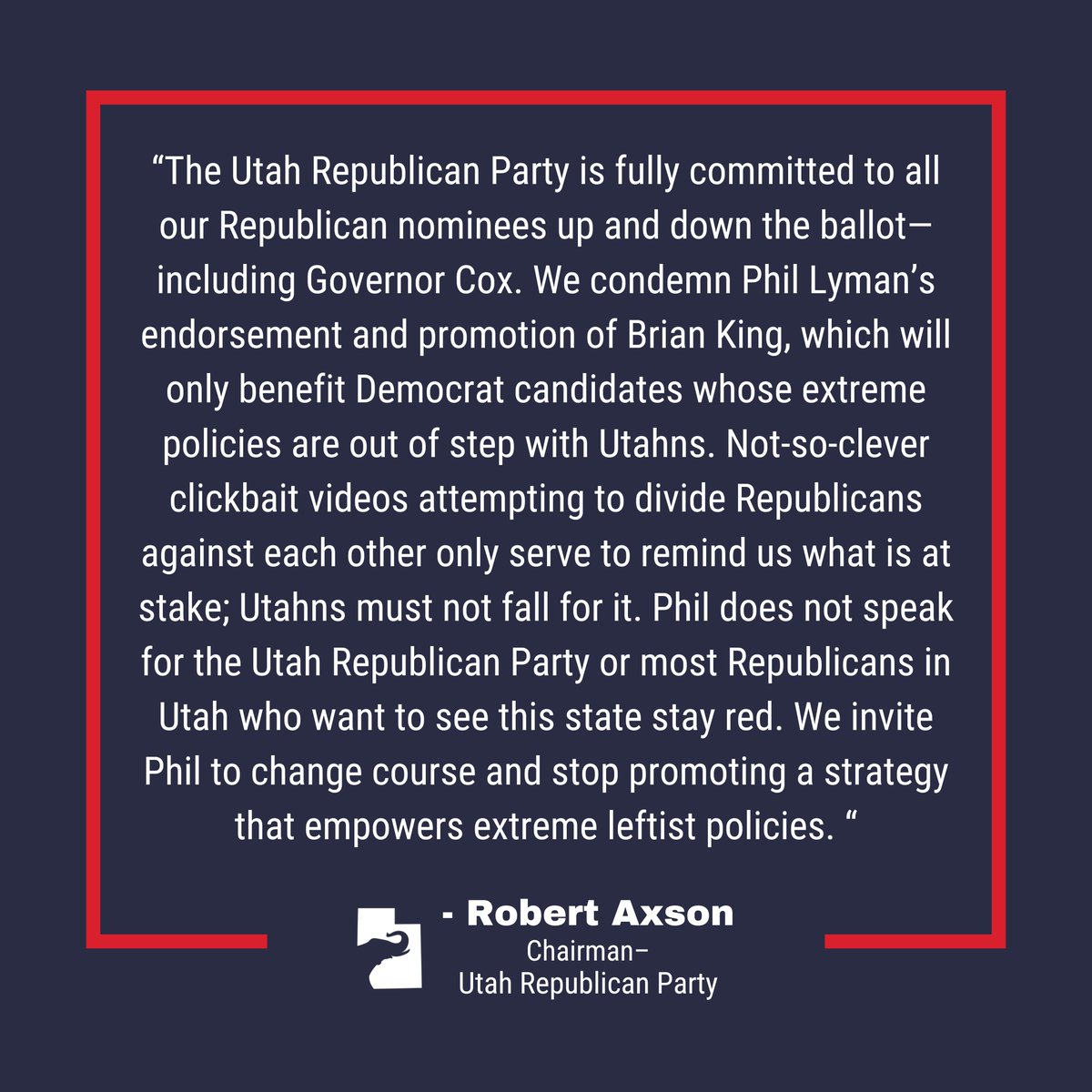 UtahGOP's tweet image. Today, UTGOP Chair Rob Axson issued the following statement: