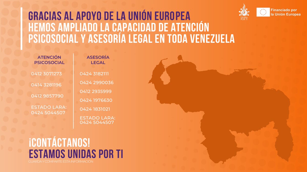 Alaplaf_Cssr's tweet photo. En la alianza #UnidasPorTi, impulsada por la @UEenVenezuela, brindamos atención psicolegal a víctimas de violencia basada en género. Si necesitas orientación, llámanos. ¡No estás sola! https://t.co/NDf5lR2mFp