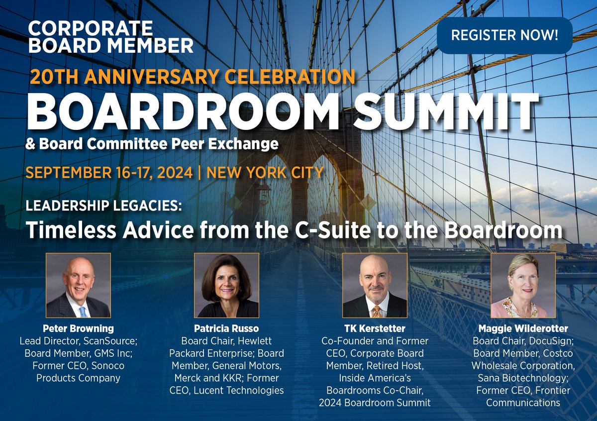 Join us at the 20th Anniversary Boardroom Summit! Learn from board leaders like Peter Browning, Patricia Russo, TK Kerstetter &amp; Maggie Wilderotter. Gain insights on navigating industry shifts &amp; enhancing governance skills.

📅Sept 16-17, NYC

Register Now: chiefexecutive.net/leadershipconf…