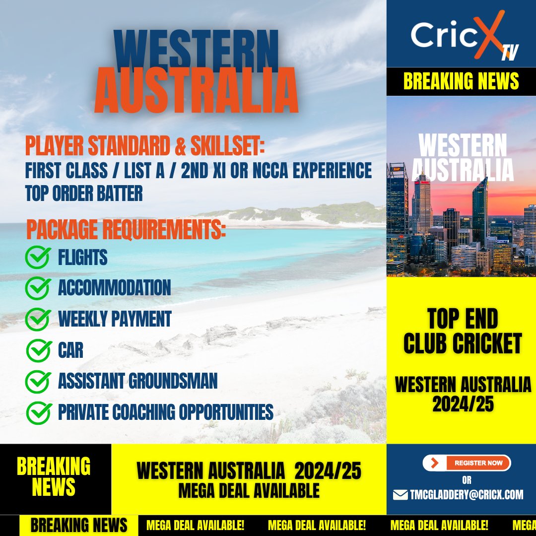cricketagency's tweet image. 𝐌𝐄𝐆𝐀 𝐃𝐄𝐀𝐋 𝐀𝐕𝐀𝐈𝐋𝐀𝐁𝐋𝐄 🚨 
📍𝙒𝙚𝙨𝙩𝙚𝙧𝙣 𝘼𝙪𝙨𝙩𝙧𝙖𝙡𝙞𝙖 🇦🇺 

Be quick - This deal won't be around for long! Especially, so close to the start of the 2024/25 season in Australia. ⚡️ 

If you’ve got experience in First Class, List A, 2nd XI, or NCCA Cricket,…