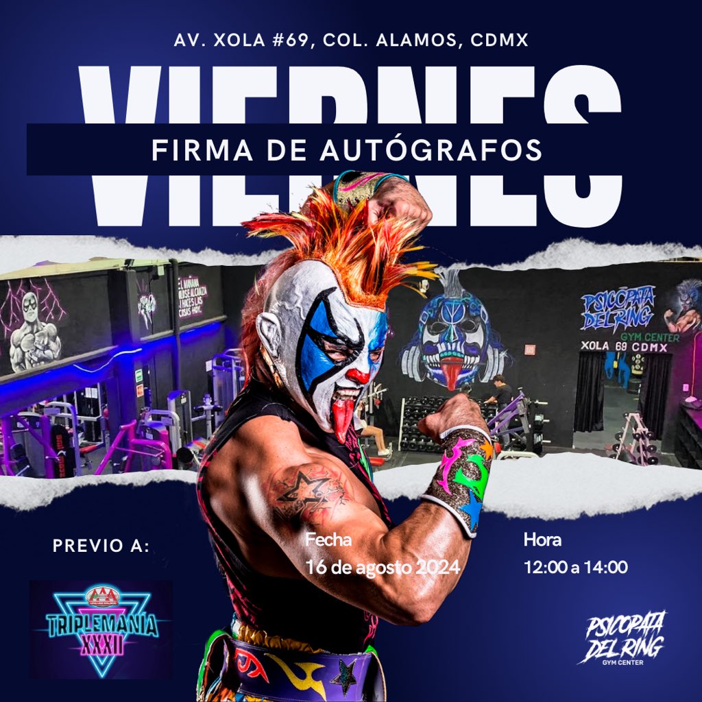 Psychooriginal's tweet photo. FIRMA DE AUTÓGRAFOS | ¡Nos vemos mañana, Psycholocos!
Viernes 16 de agosto en el Psicópata del Ring Gym Center 🤘🏼🚨 Los espero a partir de las 12:00 hrs en convivencia y firma, aquí los veo #TotalmentePayasos
Av. Xola #69, Col. Álamos, CDMX https://t.co/XhlYcU6G3m
