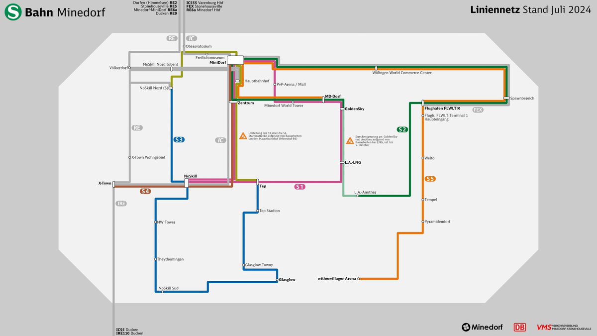 Das S-Bahn-Netz Minedorf:
S1 (seit 2019)
S2 (seit 2021, massive Veränderungen 2022)
S3 (seit 2022)
S4 (seit 2024)
S5 (seit 2024)