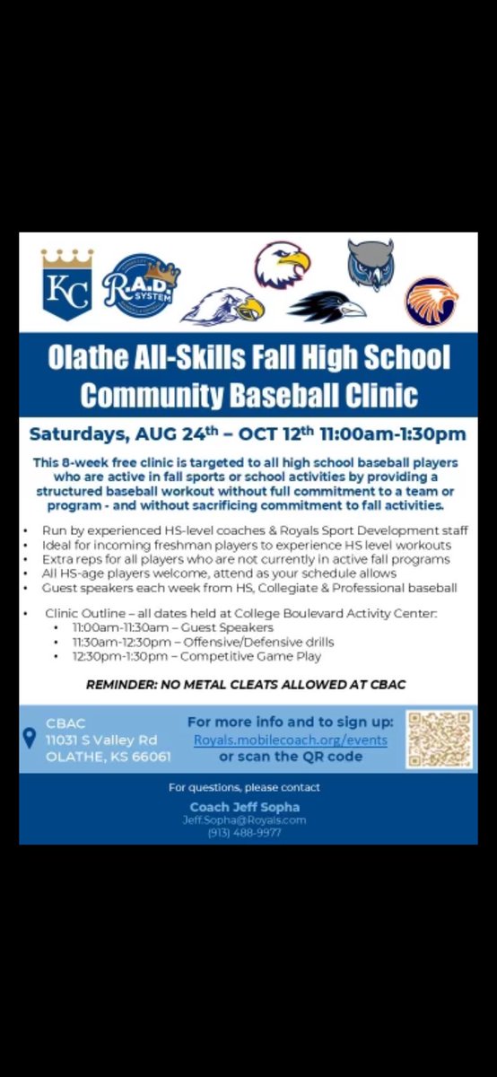 A cool opportunity for all Olathe baseball players interested in getting fall work in!

100% free, provided for by The <a href="/Royals/">Kansas City Royals</a>