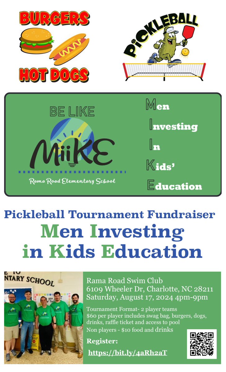 elizabethponzi's tweet photo. This Saturday starting at 4pm in #Charlotte we’re having a pickleball &amp; cookout fundraiser for the MiiKE mentorship program (info below)! Plates are $5 &amp; tourney info is in the graphic. Link to register or donate if you can’t make it: https://t.co/0yTqEPLLqb

@axioscharlotte https://t.co/thsZ5VOWjj