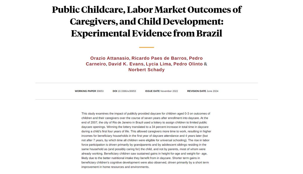 We worked with the government of Rio de Janeiro to test the impact of publicly provided daycare.

nber.org/papers/w30653

Among the most sustained impacts, seven years later? Children were taller: care with nutrition in the early years really matters.