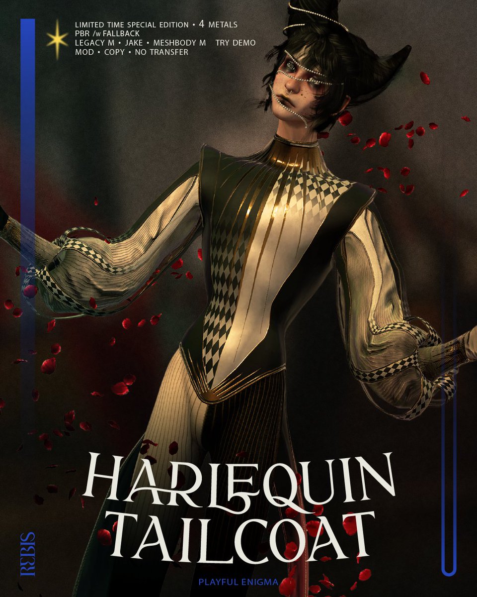 REBIS ✶ <a href="/TNMC_SL/">The Night Market Collective</a>  — Harlequin Tailcoat: Limited time Special
From August 1st ∙ August 30th
Hearse: maps.secondlife.com/secondlife/Gra…
Flickr: flickr.com/photos/corvusl…
Primfeed: primfeed.com/rebis/posts/ce…