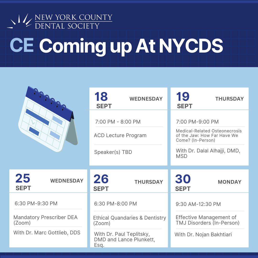 Take a look at the courses coming up in September and start planning your fall. And don’t forget to check your inbox for an email from NYCDS with details on how to register for all courses through winter! ✉️📚

#continuingeducation #cecredit #nycds622 #signup #manhattandentists