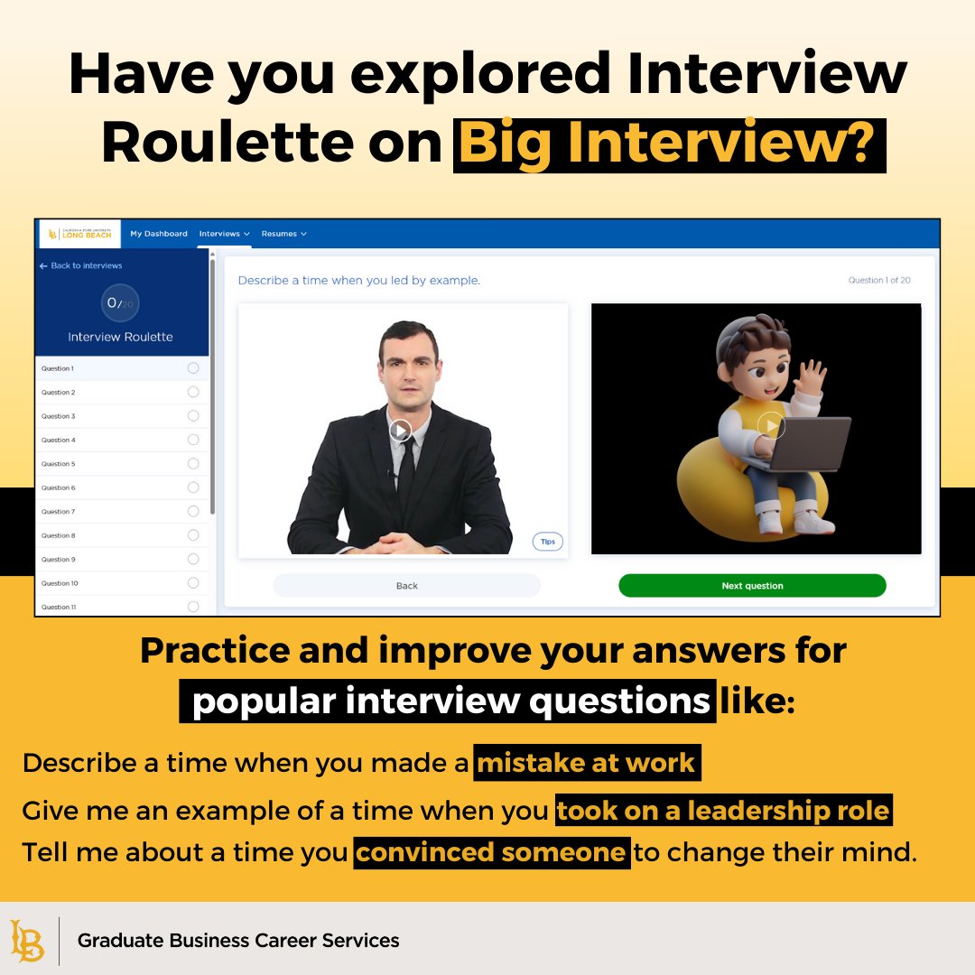Have you tried Interview Roulette on Big Interview? 

Access Big Interview by logging into your SSO > CareerLink > Resources > Big Interview 🚀 

#csulbGBCS #BigInterview #InterviewPreparation 🎲📝