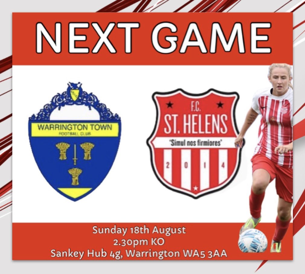 Season 24/25❗️

FC ST HELENS WOMEN will kick off their new league season away against Warrington at Sankey Hub on Sunday 18th August. 

Your support is invaluable and always appreciated, we hope to see you all there supporting the Stripes ❤️🤍